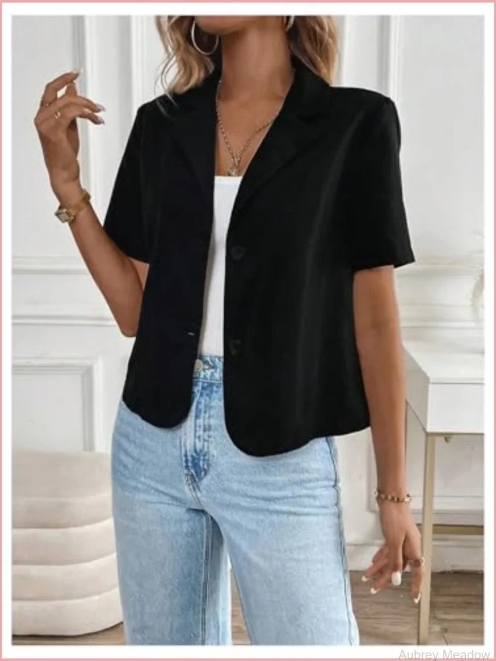 Short Sleeve Cropped Suit Blazer Business Casual Button Down Jacket